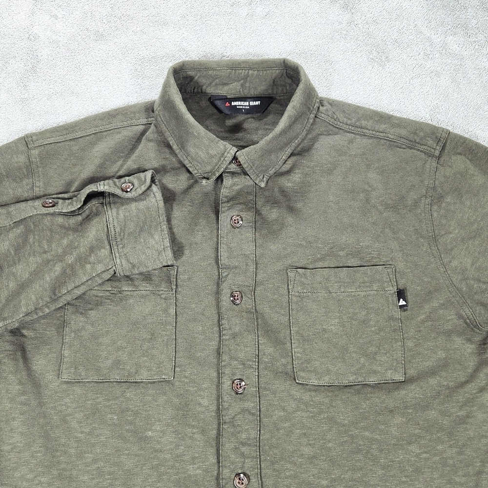 American Giant Shirt Mens Large Green Cotton Knit Long Sleeve Button Up Made USA